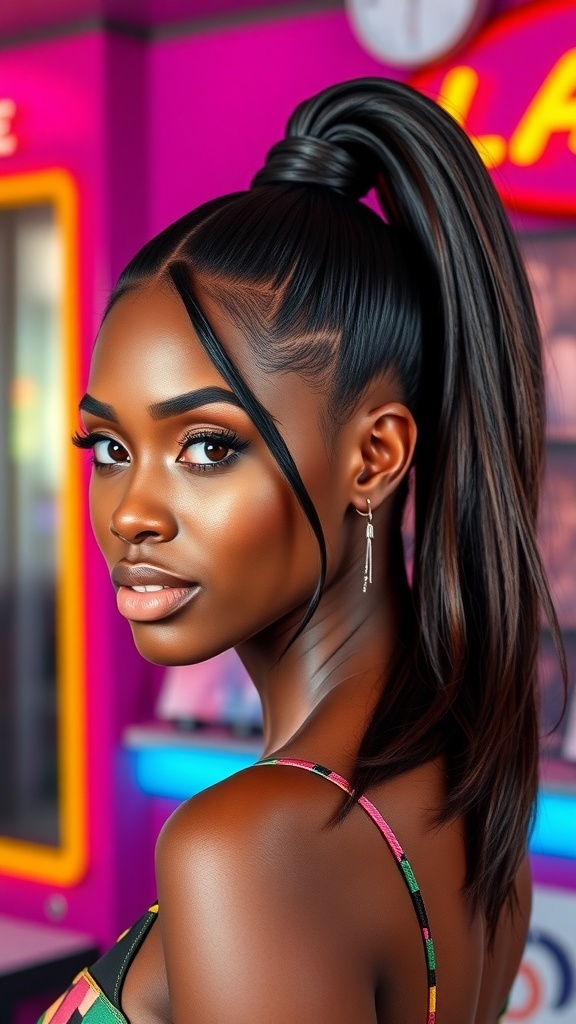 A Black woman with a sleek 90s microwave ponytail, styled elegantly against a vibrant retro backdrop.